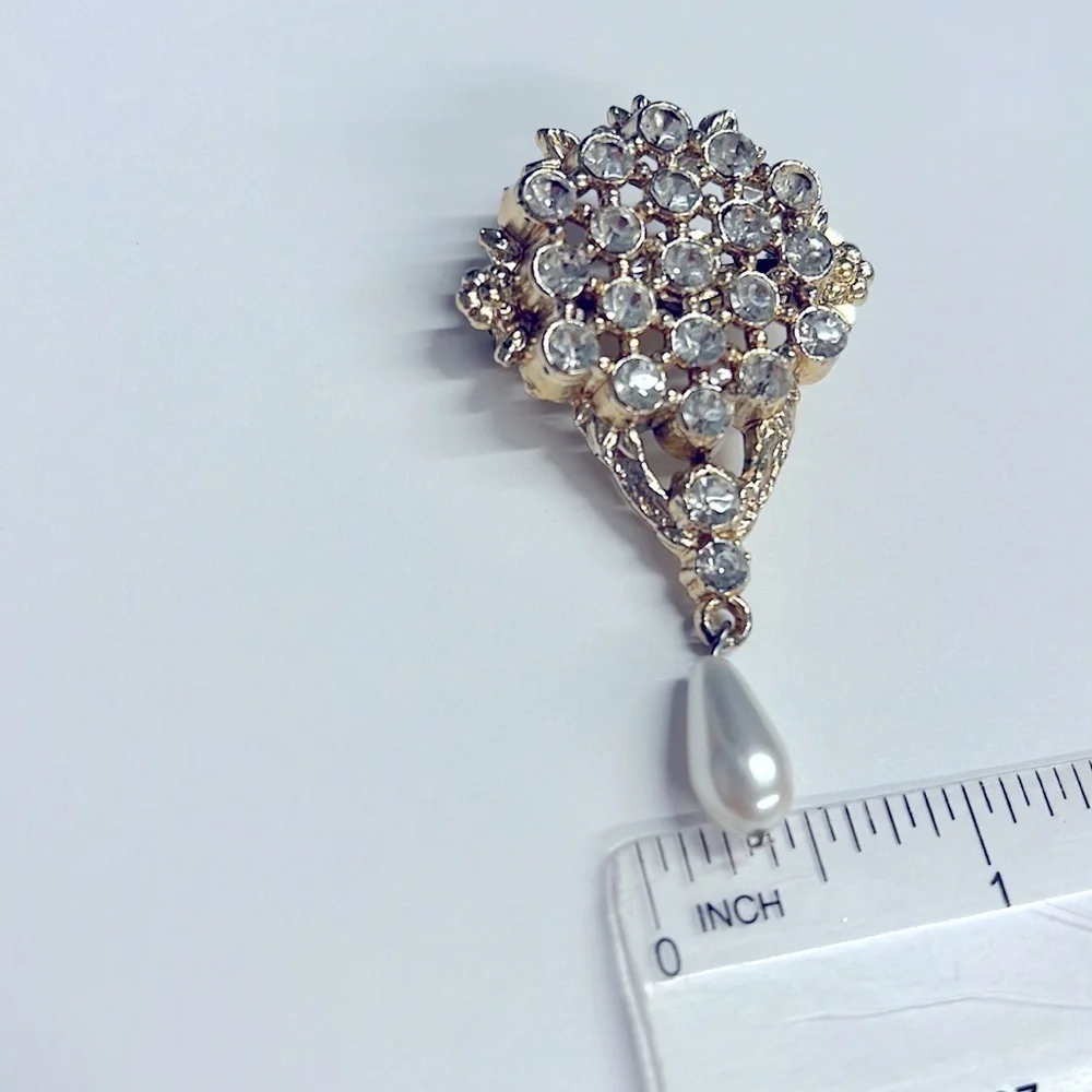 Goldtone Crystal and Pearl Drop Brooch Pin
